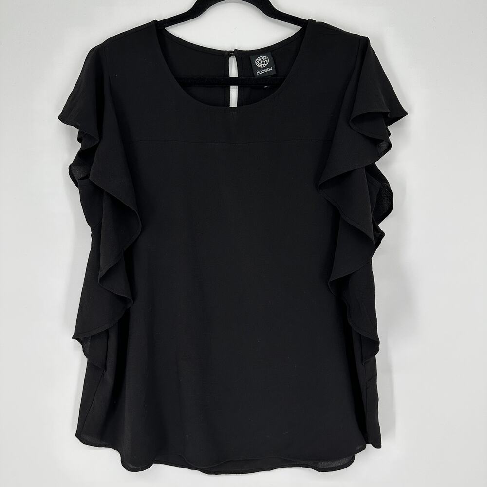 Bobeau Black Flutter Cap Sleeve Keyhole Neck Womens Blouse Large
